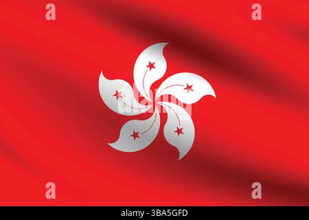 Bandiera di Hong Kong. Illustrazione vettoriale digitale con proporzioni e colori ufficiali della bandiera di Hong Kong. Bandiera ondulata. Bandiera a pieghe. Illustrazione Vettoriale