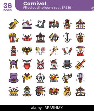 Pacchetto icone di Carnevale. Stile icona contorno riempito.illustrazione vettoriale. Illustrazione Vettoriale