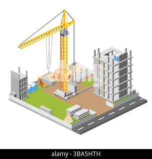 Cantiere con gru e grattacielo. Processo di costruzione di un edificio a piu' piani. Tecnologia industriale. Illustrazione vettoriale. Illustrazione Vettoriale