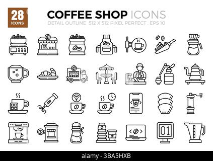 Set di icone di contorno dettaglio Coffee Shop. La collezione comprende icone di vari aspetti legati alle caffetterie, dal business allo sviluppo Illustrazione Vettoriale