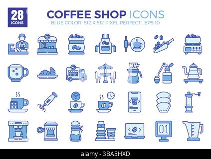 Set di icone di contorno blu Coffee Shop. La collezione comprende icone di vari aspetti legati alle caffetterie, che vanno dal business allo sviluppo Illustrazione Vettoriale