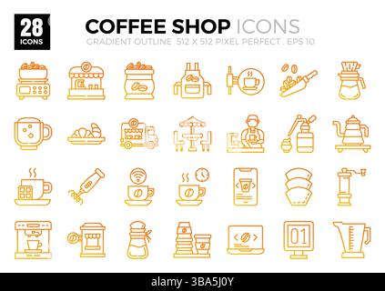 Set di icone di contorno sfumatura Coffee Shop. La collezione comprende icone di vari aspetti legati alle caffetterie, che vanno dagli affari agli sviluppatori Illustrazione Vettoriale