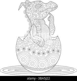 Illustrazione line art di un simpatico drago bambino che si schiude da un uovo decorativo, riempito con motivi intricati, adatto a libri da colorare per adulti o bambini Illustrazione Vettoriale