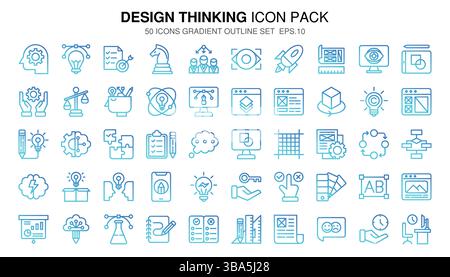 Set di icone con profilo gradiente per il design Thinking. La collezione include sviluppi aziendali, programmazione, web design, progettazione di app e molto altro. Illustrazione Vettoriale