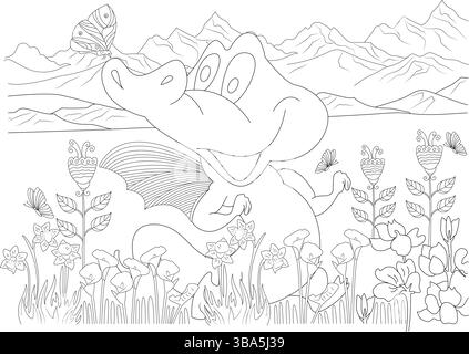 Disegni in linea in bianco e nero raffiguranti un simpatico drago cartoni animati seduto felicemente in un campo di fiori, circondato da farfalle, con le montagne i. Illustrazione Vettoriale