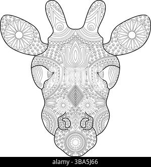 Intricata illustrazione in bianco e nero di una testa di giraffa, piena di motivi dettagliati ed elementi decorativi. Questo ritratto di animali stilizzato Illustrazione Vettoriale