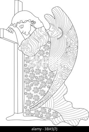 Illustrazione in bianco e nero di un angelo inginocchiato in preghiera e appoggiato su una croce, con motivi intricati sulla sua veste e le sue ali. Suita Illustrazione Vettoriale