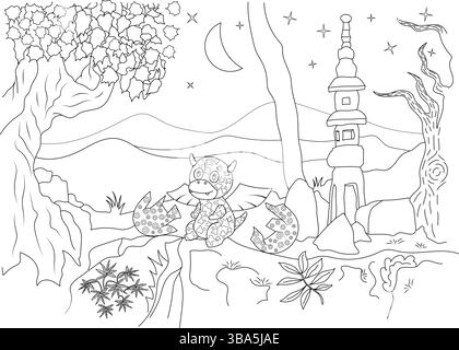 Illustrazione in bianco e nero che raffigura un simpatico drago che si schiude da un uovo in un paesaggio fantastico. La scena include una luna, stelle, myst Illustrazione Vettoriale