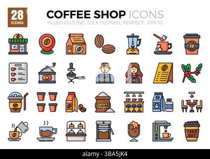 Set di icone di contorno riempite del Coffee Shop. La collezione comprende icone di vari aspetti legati alle caffetterie, dal business allo sviluppo Illustrazione Vettoriale