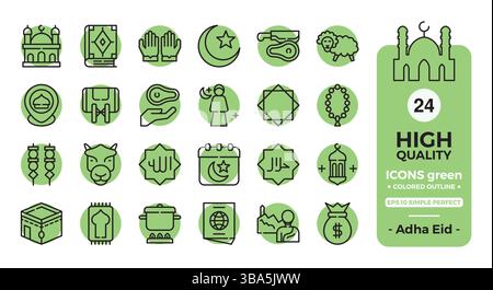Icona EID al Adha Imposta il contorno di colore verde. La collezione include web design, application design, UI design, durante Eid al Adha, Eid al Fitr e Othe Illustrazione Vettoriale