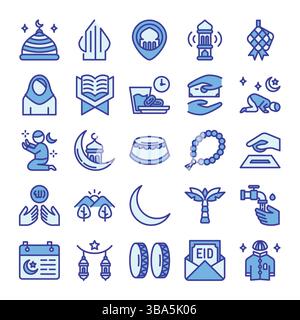 Pacchetto di icone Ramadan. Stile icona contorno colore blu. Illustrazione Vettoriale