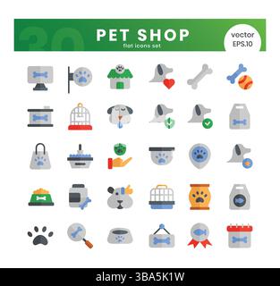 Set di icone del negozio di animali domestici. Pacchetto di icone in stile piatto. Illustrazione vettoriale Illustrazione Vettoriale