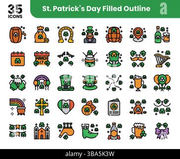 Pacchetto icone per il giorno di San Patrizio. Stile icona contorno pieno. Illustrazione vettoriale. Illustrazione Vettoriale