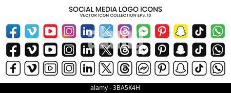 Collezione di icone dei logo dei social media a colori, in nero e in stile contorno.illustrazione vettoriale Illustrazione Vettoriale