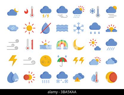 Icone meteo piatte impostate. La raccolta include: Business, UI UX, social media e sito Web. Illustrazione Vettoriale