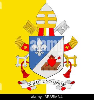 Stemma del nuovo papa Leone XIV (XIV), vescovo di Roma anno 2025, sullo sfondo della bandiera della Santa sede Illustrazione Vettoriale