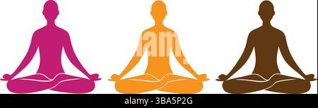 Set colorato minimalista silhouette in posa yoga in posizione Lotus, Meditation Art, Mindfulness, poster, equilibrio tranquillo, concetti di stile di vita olistico, Illustrazione Vettoriale