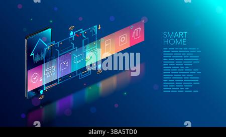 Casa intelligente. INTERNET DELLE COSE. Un telefono con un piano di Smart Home sullo schermo e le icone del dispositivo. Progettazione e sviluppo di un sistema di casa intelligente. Applicazione telefono per Illustrazione Vettoriale