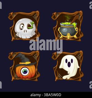 Quattro icone o simboli di Halloween nella struttura ad albero Spooky per elementi decorativi, biglietti d'auguri, inviti, stampe, elementi di gioco o slot Illustrazione Vettoriale