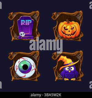 Quattro icone o simboli di Halloween nella struttura ad albero Spooky per elementi decorativi, biglietti d'auguri, inviti, stampe, elementi di gioco o slot Illustrazione Vettoriale