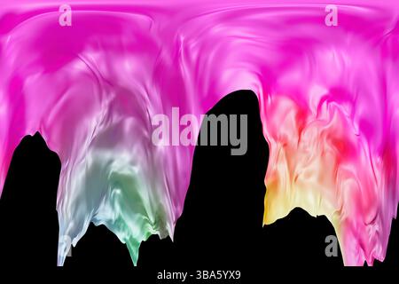 Forme fluide con sfumature di colore vivaci creano una composizione astratta su uno sfondo nero intenso, che mostra un armonioso mix di sfumature in una Foto Stock
