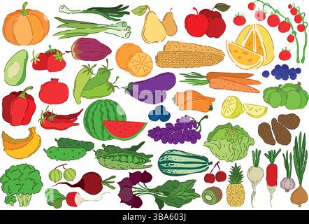 Una varieta' variegata e variegata di verdura e frutta fresca disponibile nei mercati Illustrazione Vettoriale