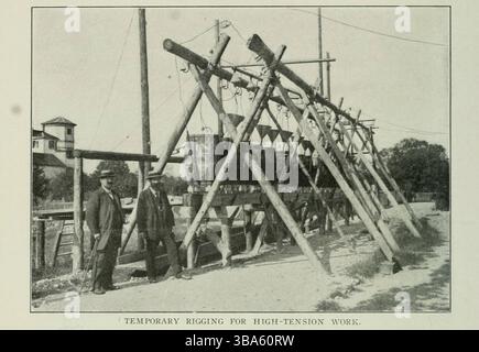 ALLESTIMENTO TEMPORANEO PER LAVORI AD ALTA TENSIONE. Dall'articolo L'UTILIZZO DELLE POTENZE IDRICHE DI MONTAGNA. Di Paul Letheule. Dalla rivista Engineering dedicata al progresso industriale volume XXIV ottobre 1902 - marzo 1903 The Engineering Magazine Co Foto Stock