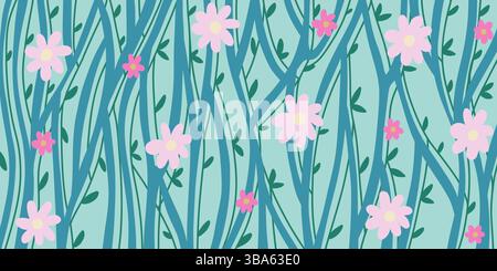 Sfondo astratto orizzontale con strisce ondulate, fiori e foglie rosa, illustrazione vettoriale Illustrazione Vettoriale