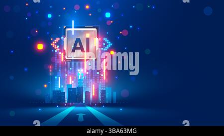 Processore con integrazione ai. Lettere AI su chip. CPU collegata all'archiviazione dati. Tecnologia di intelligenza artificiale in chip elettronico. Elaborazione dei dati Illustrazione Vettoriale