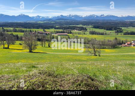 Escursionista goditi il tempo sul monte Auerberg a Stötten a. A. Bavaria, Allgäu, Germania, 19 aprile 2025. Fotografo: Peter Schatz Foto Stock