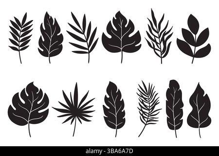 Silhouette in foglie tropicali nere isolate su sfondo bianco per poster, stampe, inviti, copertine. Silhouette ornamentali con foglie esotiche Illustrazione Vettoriale