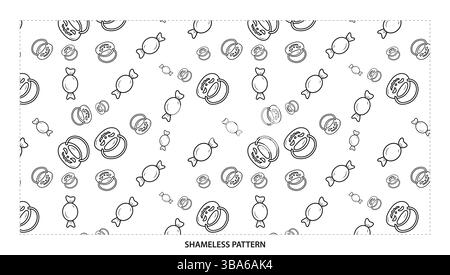 Design con motivo a righe semplici in nero e caramelle assortite e lecca-lecca senza cuciture Illustrazione Vettoriale