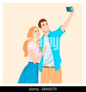 Illustrazione vettoriale di una giovane coppia che scatta un selfie con il proprio telefono cellulare, sorridendo e godendo un momento insieme su uno sfondo chiaro. Illustrazione Vettoriale