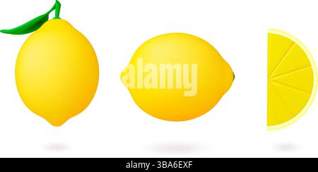 Icone Fresh Lemon 3D. Limone isolato con foglia verde e fetta. Agrumi, frutta vitamina C per mangiare, bere, cocktail, dessert. Materie prime realistiche Illustrazione Vettoriale