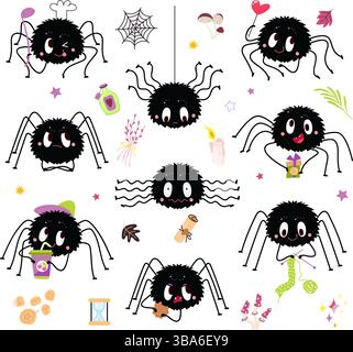 Ragni cartoni animati. Personaggi di Halloween. Ragno nero sulla ragnatela, tenendo il cuore, confezione regalo, bere e mangiare. Mascotte per bambini, adesivi vettoriali Illustrazione Vettoriale