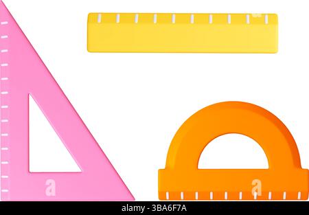 Righello scolastico per il disegno 3d. Righelli in plastica colori diversi, materiali d'ufficio realistici isolati. Elementi per misurare la distanza, il triangolo, il goniometro Illustrazione Vettoriale
