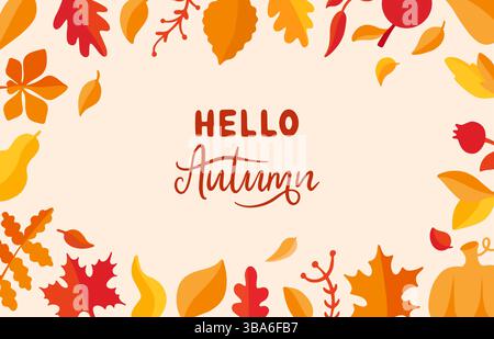 Salve, background autunnale. Semplice striscione stagionale con foglie e frasi letterarie. Poster di design autunnale per pubblicità, cartolina di stampa, vettore neoterico decorativo Illustrazione Vettoriale