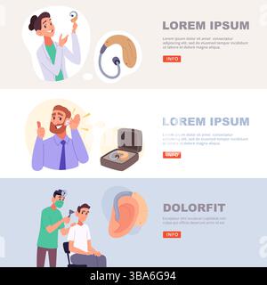Apparecchio acustico. gadget intelligente per i sordi. striscioni per trattamenti medici Illustrazione Vettoriale