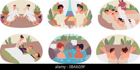 Coppia nel centro benessere. Centro massaggi per i partner che trascorrono del tempo nel salone di bellezza illustrazioni del concetto di terapia del corpo vettoriale esatta Illustrazione Vettoriale