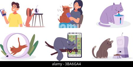 Dispositivi PET. Gadget intelligenti per proprietari di animali localizzatori macchine fotografiche alimentatori immagini concettuali per la cura degli animali vettoriali Illustrazione Vettoriale