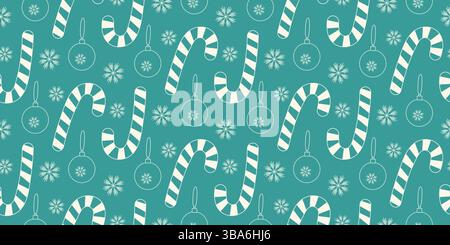 Cannucce a righe e decorazioni natalizie in gesso con motivo senza cuciture su stagno di Natale o Capodanno color smeraldo. Illustrazione vettoriale isolata, disegni di auguri natalizi o opuscoli promozionali, poster, carta da parati da imballaggio Illustrazione Vettoriale