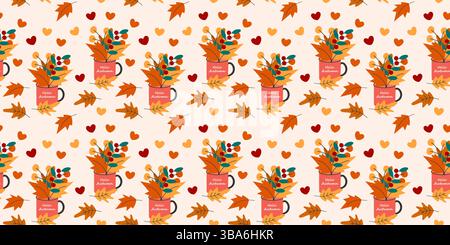 Accogliente motivo autunnale con foglie vivaci e scritta Hello Autumn su Mugs Seamless Pattern. Illustrazione vettoriale isolata avvolgimento sfondo sfondo banner promozionale Web, schede tematiche, opuscolo Illustrazione Vettoriale