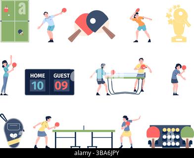Pinzetta piatta da ping pong. Persone che giocano a ping-pong con gli avversari. Sport game atleti competizione, attrezzatura da tennis, palla e racchette, vettore recente Illustrazione Vettoriale