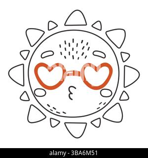 Carino personaggio dei cartoni animati del sole, vettore del sole felice, sole estivo con gli occhi, vettore del sole isolato, simpatica illustrazione del bambino. Illustrazione Vettoriale
