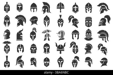 Silhouette di caschi da guerriero di epoche storiche diverse. Set vettoriale di caschi stilizzati che rappresentano guerrieri storici come spartani e cavalieri Illustrazione Vettoriale