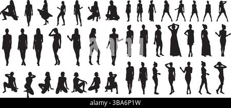 Una collezione variegata di 48 silhouette umane in varie pose dinamiche e statiche, raffiguranti un'ampia gamma di attività come stare in piedi, camminare, Illustrazione Vettoriale