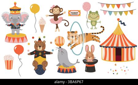 Circus Animals Clipart, Circus Set Collection Vector, cute Animals, grande Carnaval Clipart Illustrazione Vettoriale