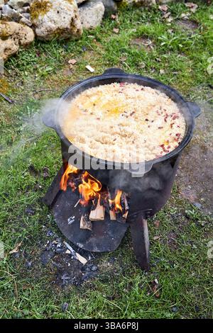Vista dall'alto del processo di cottura del pilaf su un fuoco aperto in un calderone su una griglia, con riso bollente e vapore crescente, all'aperto in estate Foto Stock