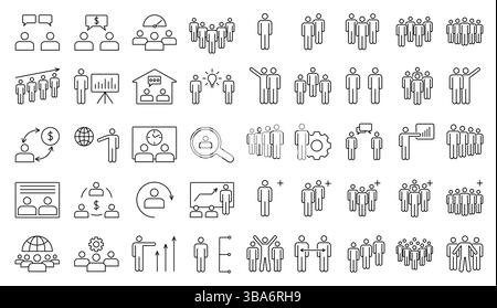 Icone delle linee che mostrano il lavoro di squadra, la comunicazione e la leadership aziendale, i concetti HRB e di collaborazione. Metafore visive per i concetti aziendali di Illustrazione Vettoriale