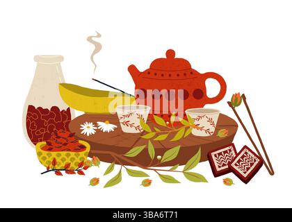 Tradizionale cerimonia del tè cinese. Teiera rossa con tazze floreali, erbe aromatiche e incenso, fiori secchi e dolci per rituali rilassanti del tè. Rilassamento alle erbe Illustrazione Vettoriale